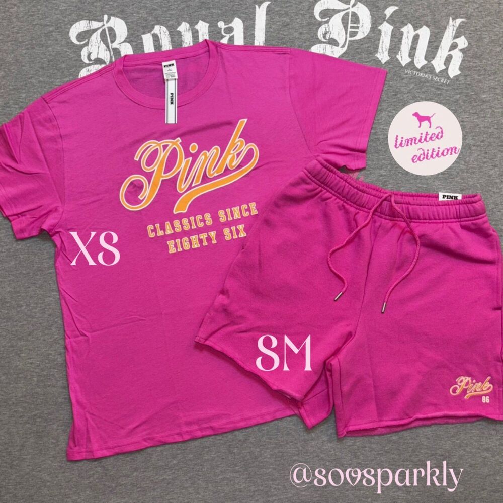 NWT New VS PINK Pink Love Pink Classics 1986 Logo Matching Tee & Shorts Set